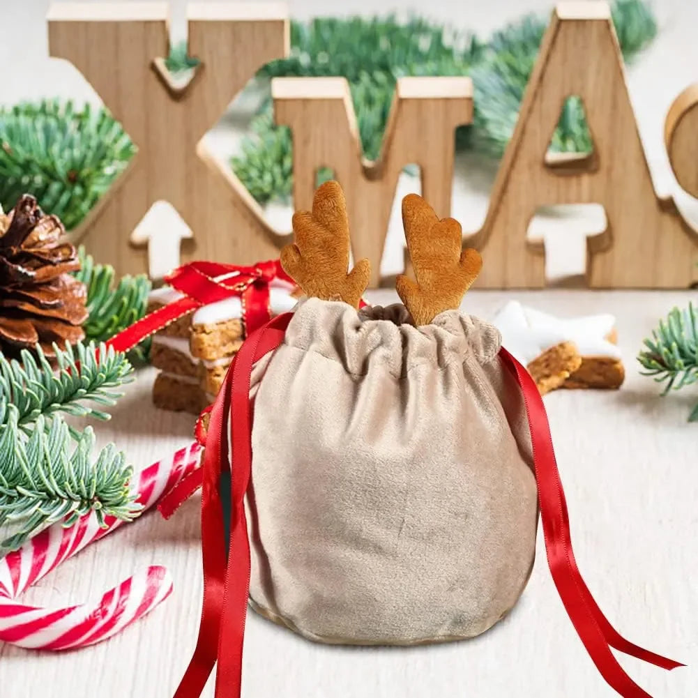 5/10 Christmas Reindeer Drawstring Candy Gift Bags Reusable