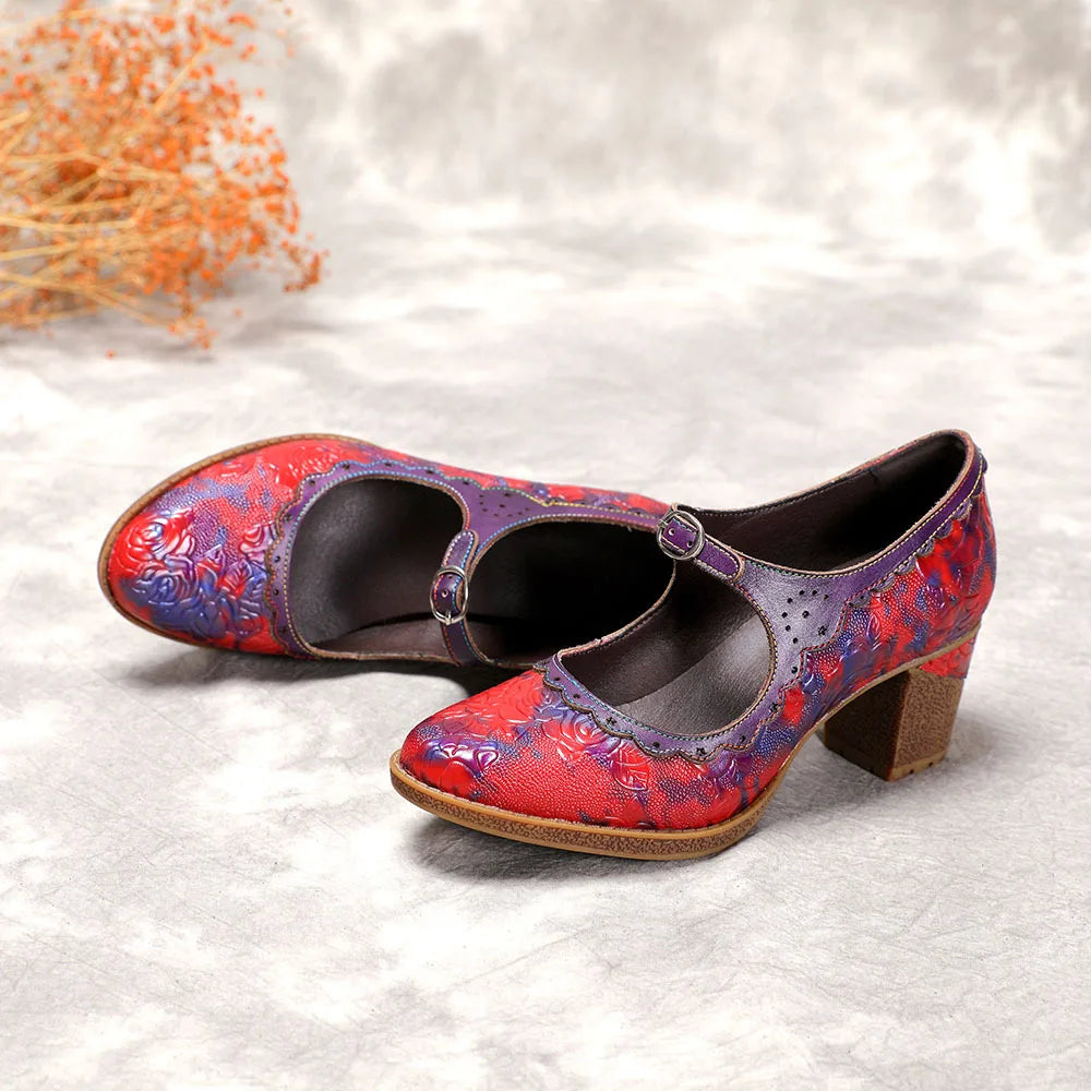 Sally's Embossed Genuine Leather Red Pump Heels Shoes