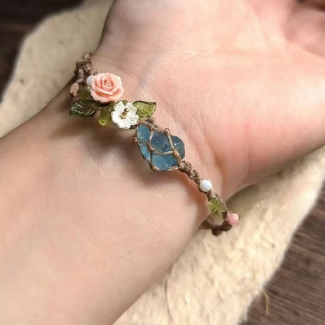 Natural Rose Quartz Aquamarine Stone Beaded Handmade Bracelet Adjustable Rope