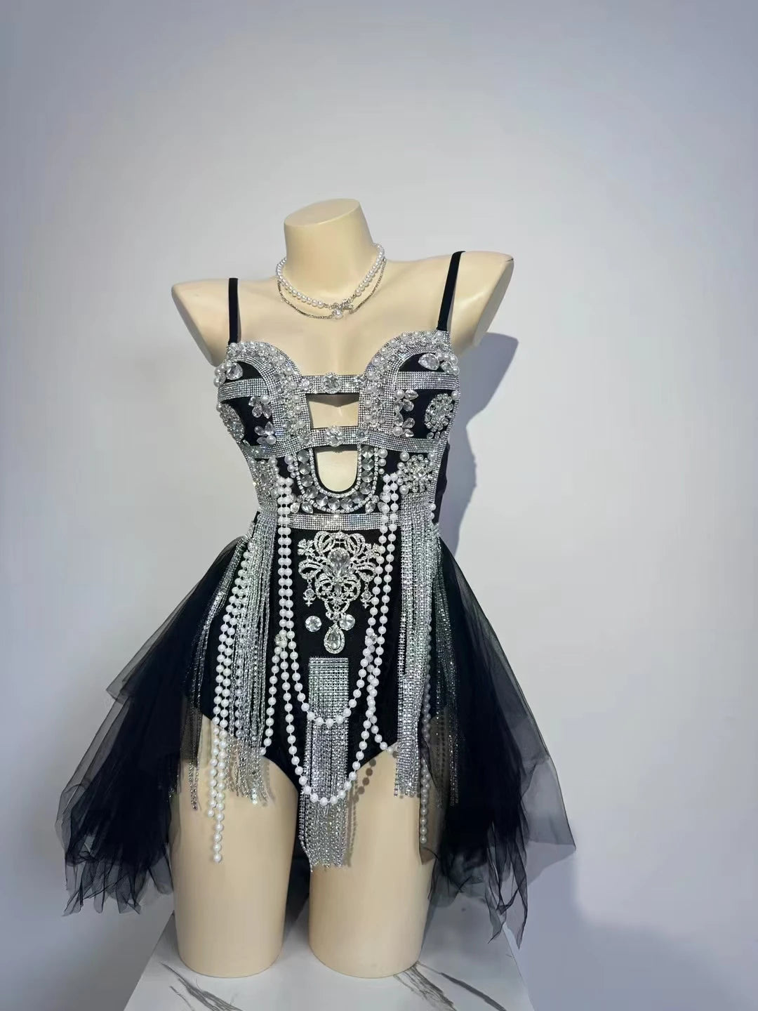 Material Girl Silver Rhinestones Tassel Bodysuit Nightclub Stage Wear Singer Stage Performance Costume