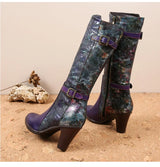 Purple Embossed Dragonfly Genuine Leather Long Boots