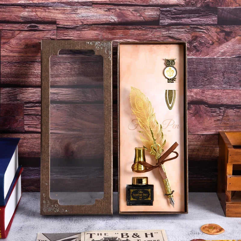 Golden Feather Quill Pens Set Dip Fountain Pens Ink Stationery Writing Gift Box Sets