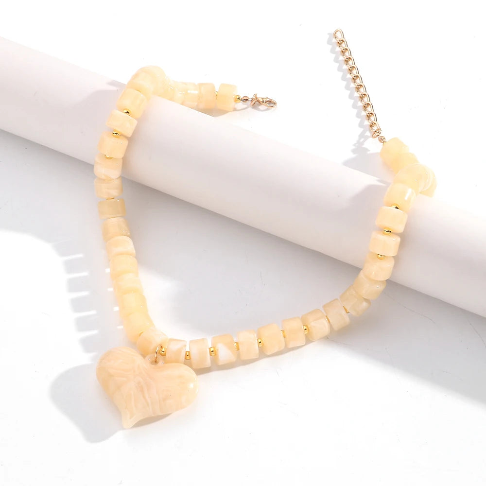 Chunky Acrylic Heart Pendant Beaded Choker Necklaces