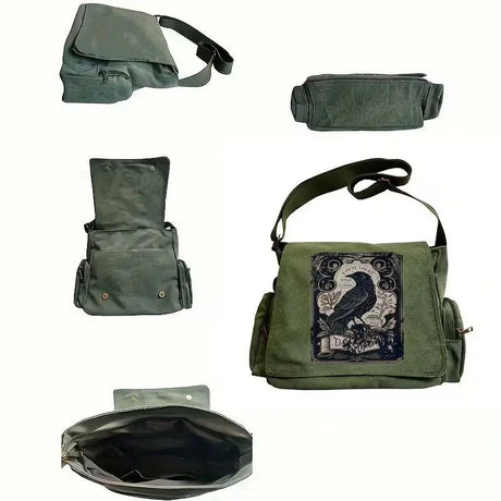 Raven Print Canvas Shoulder Bag Crossbody Messenger Bag