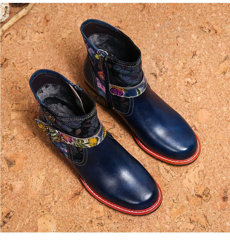 Violet's Floral Boots Genuine Leather Hand-painted Short Boots