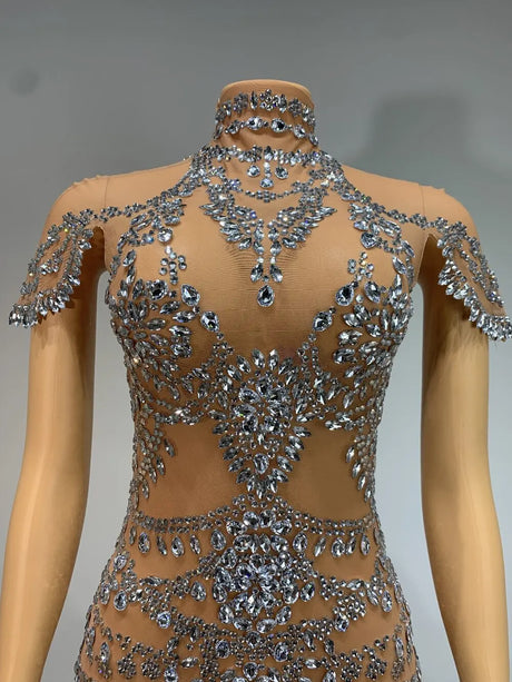Sparkly Rhinestones Bodysuit Transparent Mesh Performance Dance Costume Stage Wear