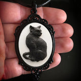 Familiar Black Cat Cameo Necklace Halloween Jewellery