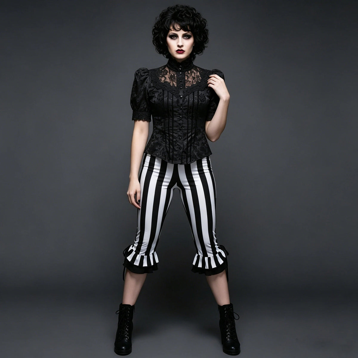 Women’s Black White Striped Capri Pants Slim Fit Bell Bottom Leggings Performance Wear Halloween Costumes