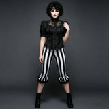 Women’s Black White Striped Capri Pants Slim Fit Bell Bottom Leggings Performance Wear Halloween Costumes