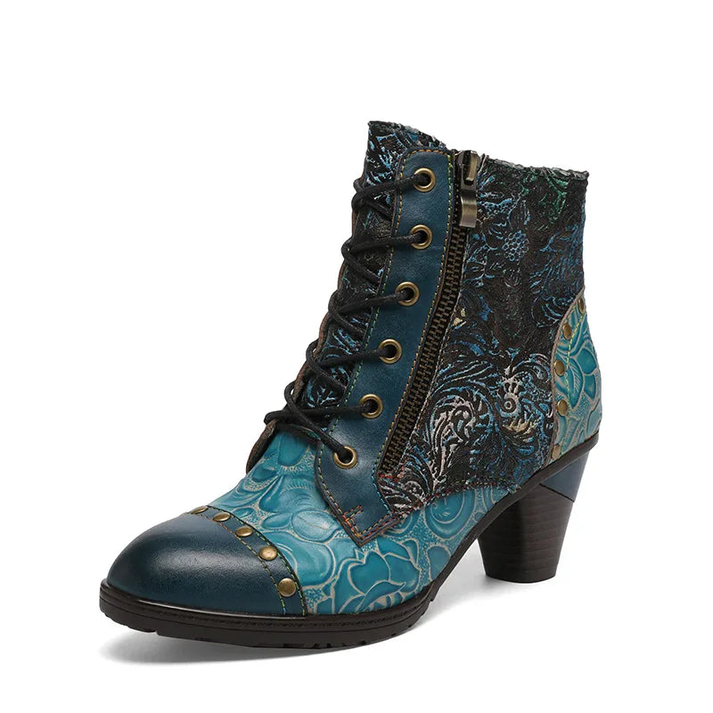 Aggy's Vintage Floral Genuine Leather Patchwork Rivet Handmade Heeled Ankle Boots Shoes