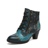 Aggy's Vintage Floral Genuine Leather Patchwork Rivet Handmade Heeled Ankle Boots Shoes