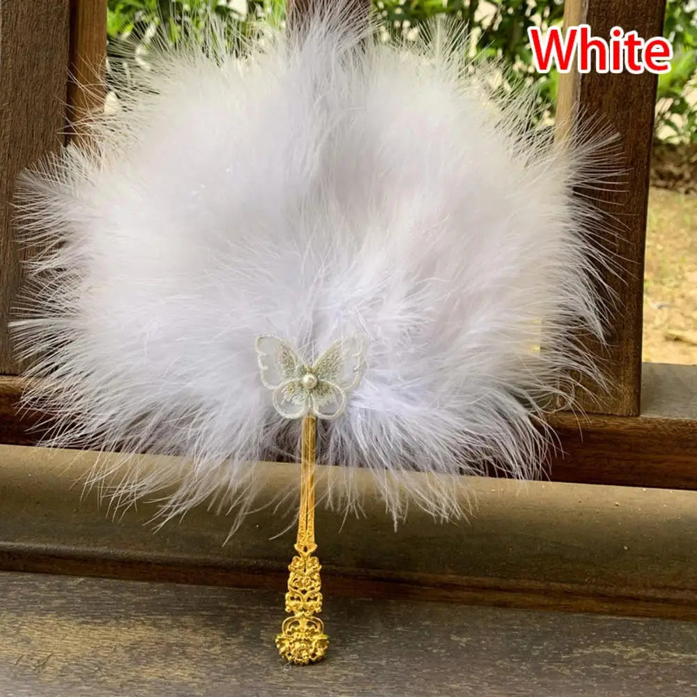 Ostrich Feather Fan Round Fan with Golden Hollow Handle Court Dance Hand Fans