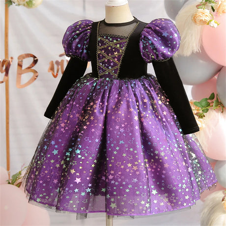 Purple Witch Girls Halloween Costume Star Tulle Party Dresses with Props