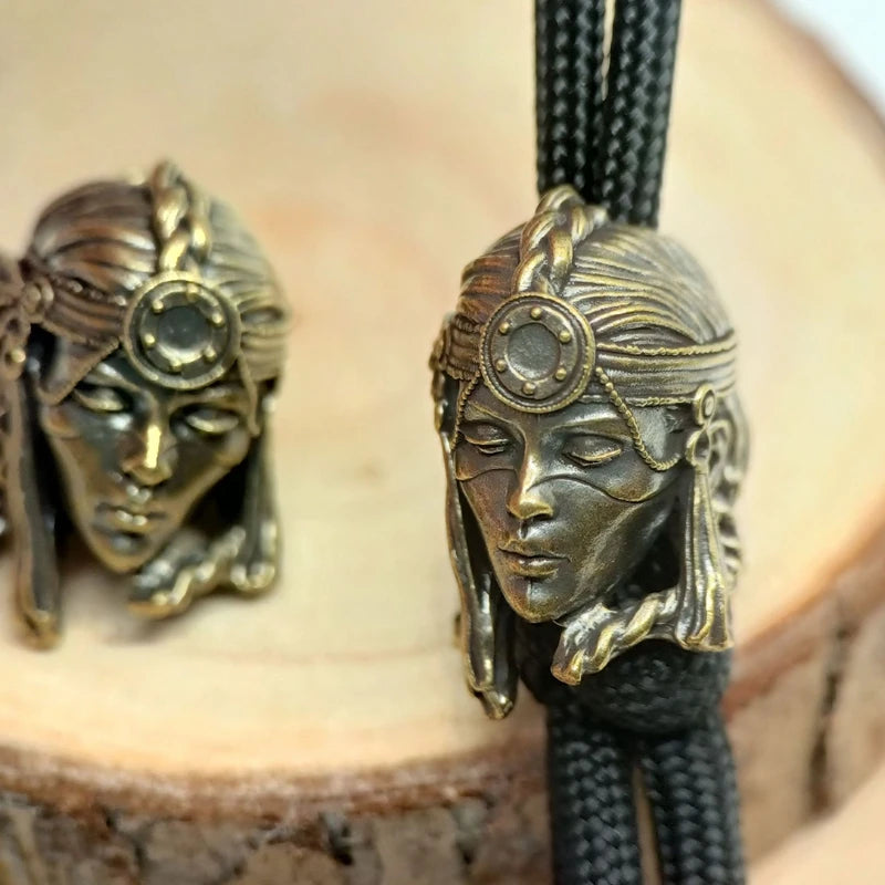 Tribal Warrior Woman Brass Paracord Lanyard Charm Dreadlock Beard Bead