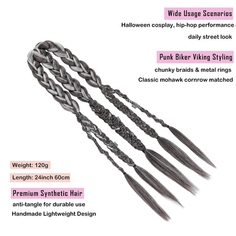 Viking Mohawk Cornrow Braided Mullet Wig Synthetic Thick 5 Braids with Metal Rings for Cosplay