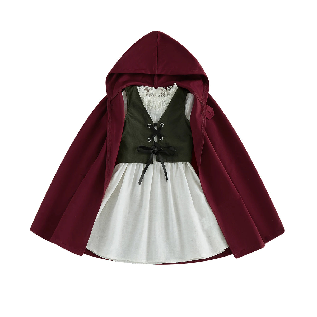 Medieval Woodland Kids Girls Costume Long Sleeve Lace Trim Dress with Vest Cloak Cosplay Outfit Set