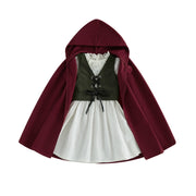 Medieval Woodland Kids Girls Costume Long Sleeve Lace Trim Dress with Vest Cloak Cosplay Outfit Set
