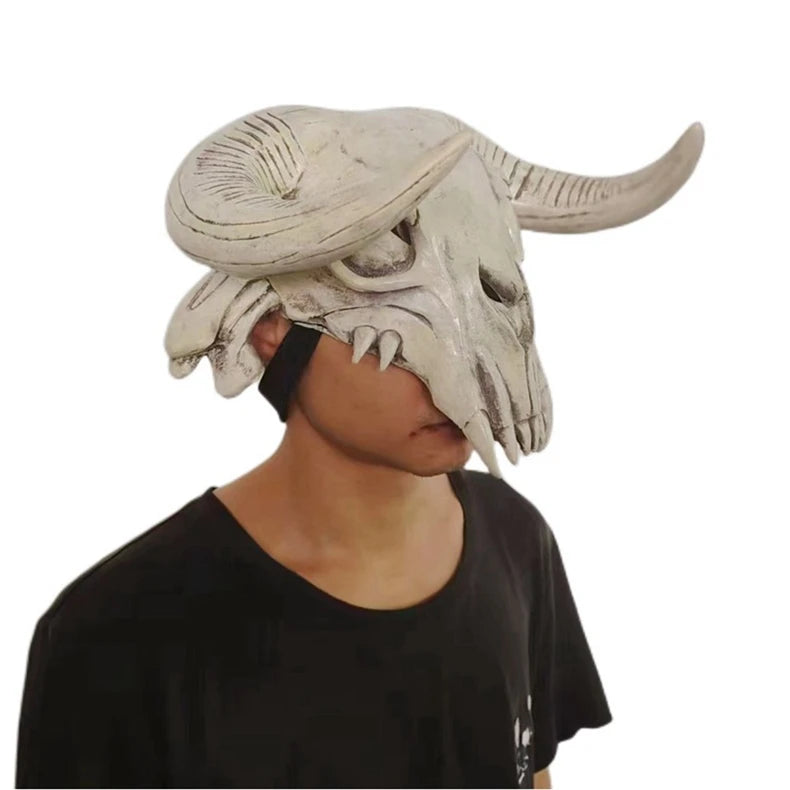 Bull Head Skull Mask Long Horn Totem Helmet Headwear Cosplay Costumes Props Latex Masks