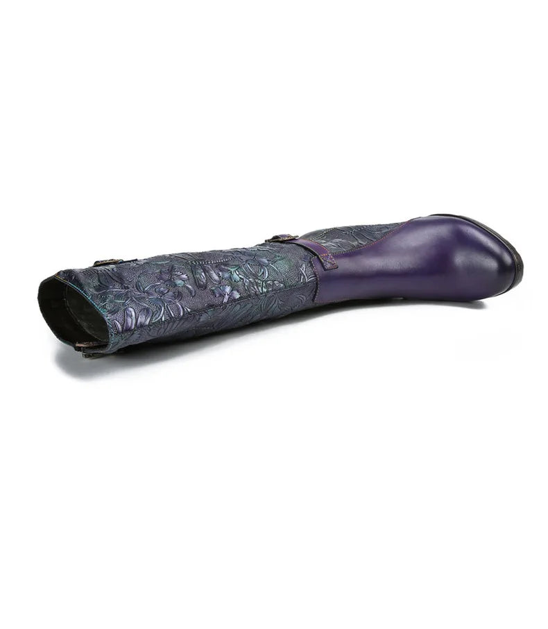 Purple Embossed Dragonfly Genuine Leather Long Boots