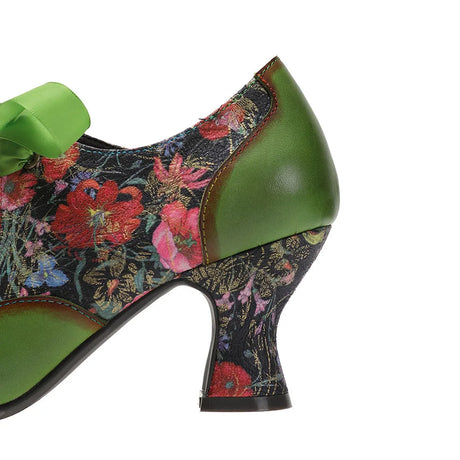 Sarah's Genuine Leather Green Pumps Heels Ribbon Lace Tie Shoes