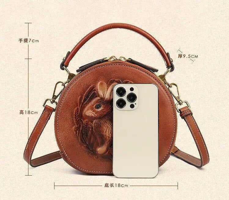 Embossed Rabbit Handbag Genuine Leather