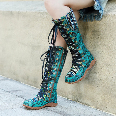 Maria's Genuine Leather Wool Spliced Lacing Comfortable Flat Boots Shoes