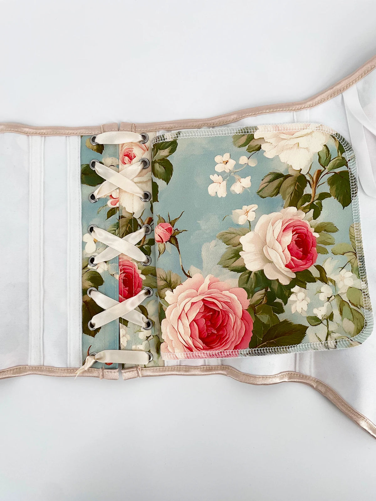Roses and Blue Skies Floral Print Corset Overbust Corselet Bustiers