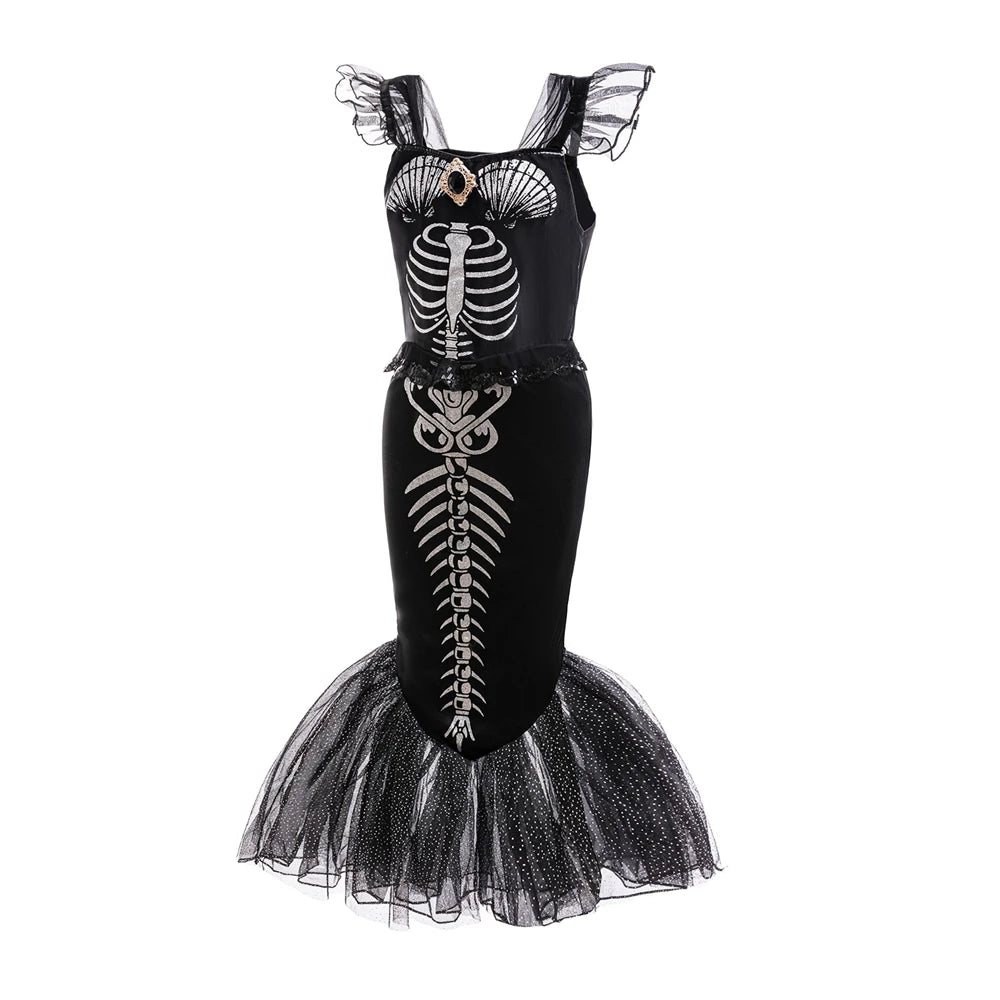 Halloween Mermaid Skeleton Costume Sets Gothic Girls Black Dress