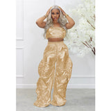 Gold Sliver Metallic Two Piece Sets Crop Top and Pants Streetwear Hip Hop Rave Festival Outfit