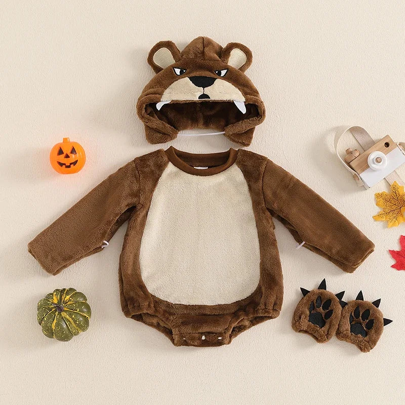 Grizzly Bear Baby Romper Set Jumpsuit with Hat and Gloves