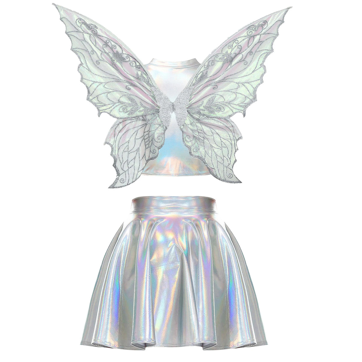 Festival Fairy Cosplay Costume Sleeveless Crop Top, High Waist Flared Skirt And Butterfly Wings Set