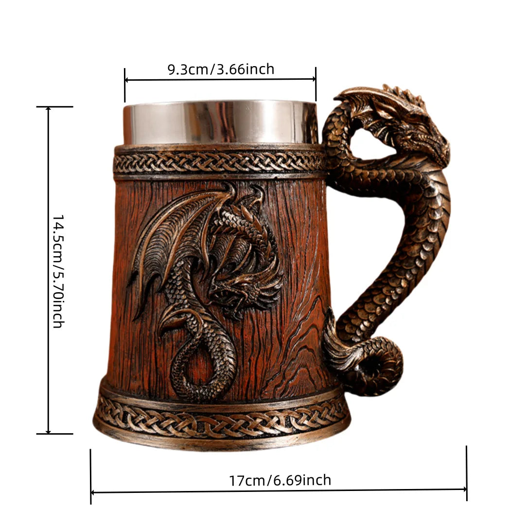 Dragon Beer Mug Coffee Cup Stainless Steel Resin Wooden Barrel Drinkware 600ml