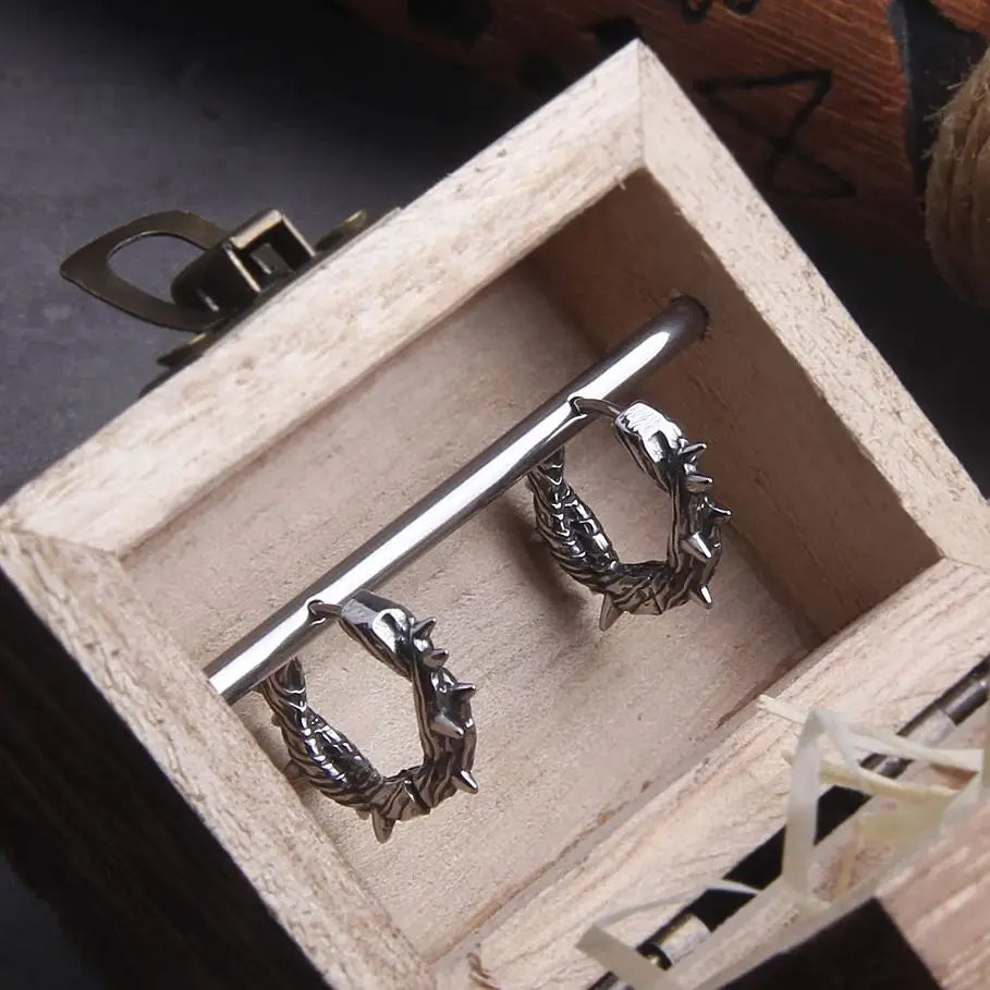 Gothic Thorns Stainless Steel Huggie Hoop Earrings for Men with Wooden Box