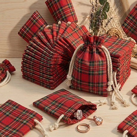 10PCS Linen Christmas Plaid Drawstring Bags Gift Pouches