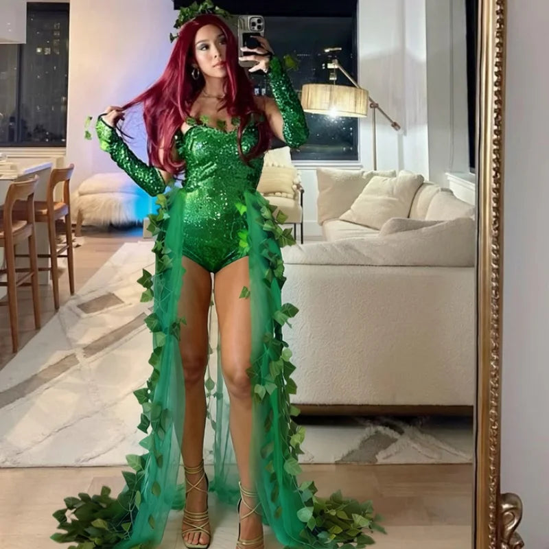Poison Ivy Halloween Costume Bodysuit Open Dress Gloves Leaf Sequin Cosplay