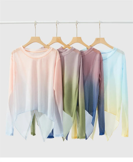 Gradient Gauze Top Dance Practice Top Thumb Finger Hole Long Sleeve Dancewear