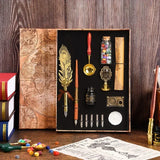 Golden Feather Quill Pens Set Dip Fountain Pens Ink Stationery Writing Gift Box Sets
