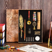 Golden Feather Quill Pens Set Dip Fountain Pens Ink Stationery Writing Gift Box Sets