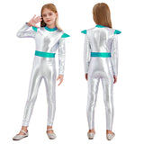 Girls Boys Alien Costume Shiny Metallic Full Body Suit Space Astronaut Robot Halloween Dress Up