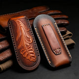 Hand‑Carved Genuine Leather Knife Sheath Belt Loop Protective Pouch for Small Folding Knives
