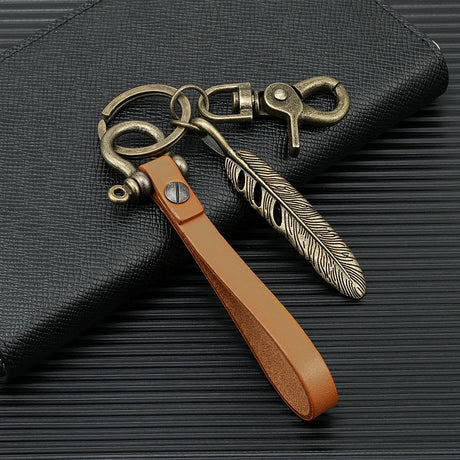 Handmade Leather Keychain Brass D-Shape Shackle Feather Charms Keyring