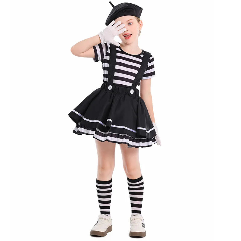 French Mime Pantomime Actor Clown Halloween Girls Stage Performance Costume Outfits Top+Strappy skirt+Hat+Gloves