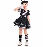 French Mime Pantomime Actor Clown Halloween Girls Stage Performance Costume Outfits Top+Strappy skirt+Hat+Gloves