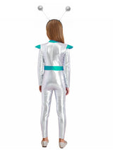 Girls Boys Alien Costume Shiny Metallic Full Body Suit Space Astronaut Robot Halloween Dress Up