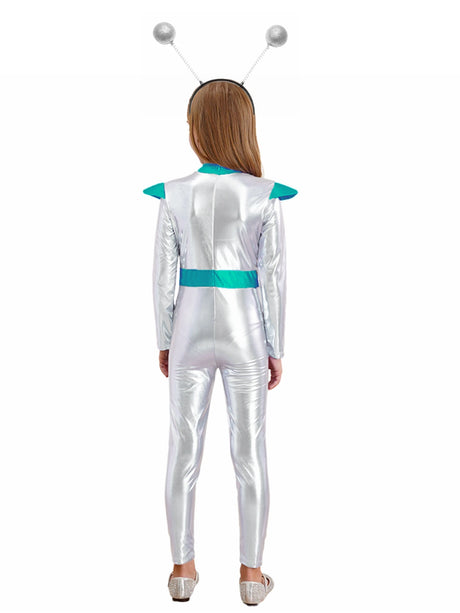 Girls Boys Alien Costume Shiny Metallic Full Body Suit Space Astronaut Robot Halloween Dress Up
