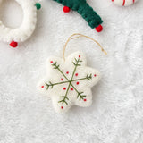 Set of Three White Christmas Handmade Embroidered Felt Mini Snowflake and Heart Christmas Tree Ornaments