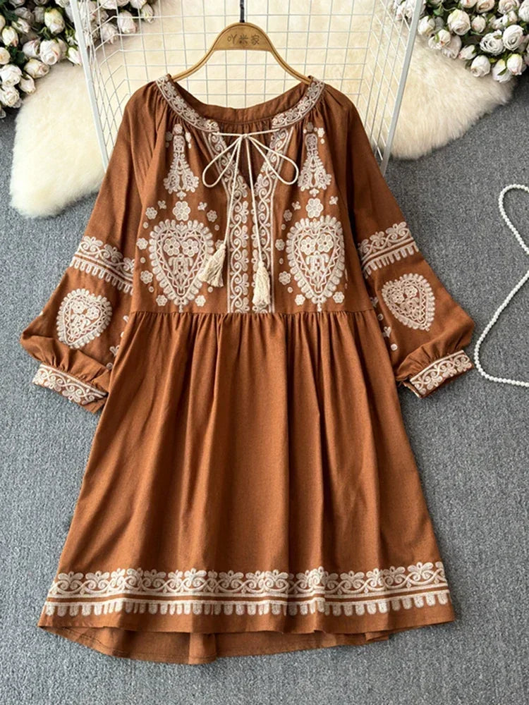 Georgia's Embroidered Boho Cotton Linen Long Sleeves Mini Dress