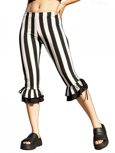 Women’s Black White Striped Capri Pants Slim Fit Bell Bottom Leggings Performance Wear Halloween Costumes