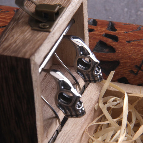 Vikings Skull Stainless Steel Hook Earrings for Men with Wooden Box
