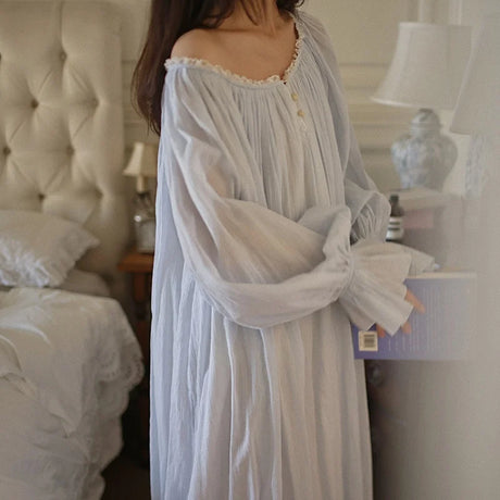 Victorian Pale Blue Vintage Long Nightgown 100% Cotton Full Sleeves Nightdress